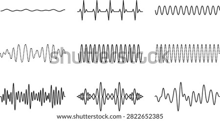 Collection of nine diverse audio waveform patterns showing variations in frequency, amplitude, and oscillation for sound design projects.eps
