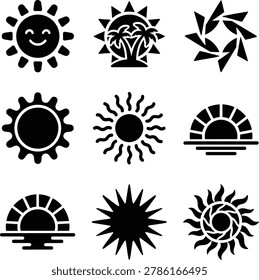 Collection of nine diverse black flat icon illustrations of the sun and related celestial bodies isolated on transparent background