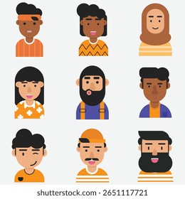 A collection of nine diverse flat avatar icons showcasing cartoon-style male and female characters with varied hairstyles, skin tones, facial features, and clothing styles.