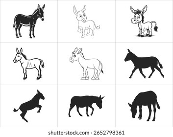 Coleção de nove ilustrações de burro em estilos de desenho animado e silhueta, situado contra um fundo branco brilhante. As imagens variam em estilo, de realísticas a divertidas.