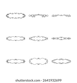 A collection of nine elegant black ornamental frames and dividers with delicate swirls and flourishes, set against a clean white background.