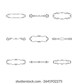 A collection of nine elegant black and white frames and dividers with delicate swirls and ornamental details on a white background.