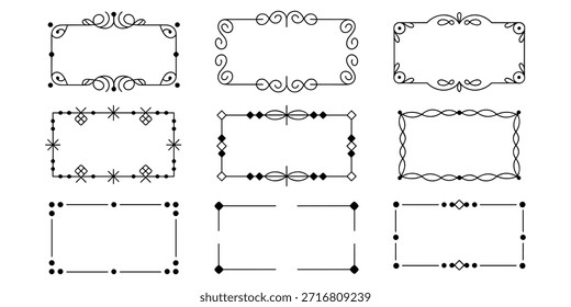 Collection of nine elegant hand drawn decorative rectangular frames and borders in doodle style