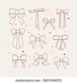 A collection of nine elegant hand-drawn bows in a minimalist line art style on a light background. Perfect for gift wrapping, decorations, festive designs, and fashion illustrations.