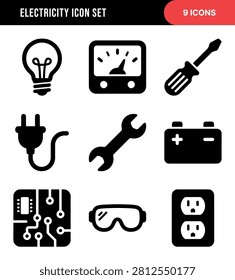A collection of nine essential flat icons representing various aspects of electricity and repair, including a lightbulb, meter, screwdriver, plug, wrench, battery, circuit board, safety goggles, and electrical outlets.