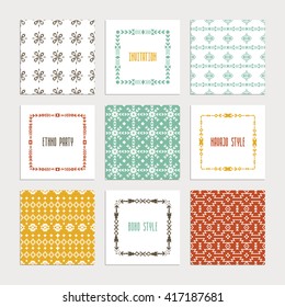 Collection of nine ethnic seamless patterns. Aztec geometric backgrounds. Stylish navajo fabric. Modern abstract wallpaper. Vector illustration.