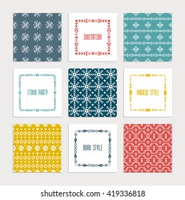 Collection of nine ethnic seamless patterns. Aztec geometric backgrounds. Stylish navajo fabric. Modern abstract wallpaper. Vector illustration.