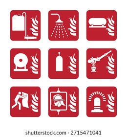 Colección de nueve íconos de seguridad contra incendios y extinción de incendios con símbolos blancos en cuadrados rojos. Incluye alarma, extintor, manta contra incendios e iconos de ducha de emergencia para señalización de seguridad