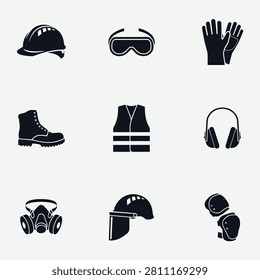 A collection of nine flat black vector icons representing various types of personal protective equipment, including helmets, goggles, gloves, boots, and masks.