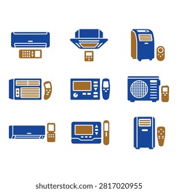 A collection of nine flat design icons depicting various home appliances and electronics, each paired with a remote control or related device.