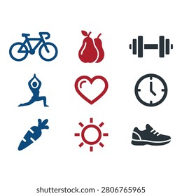 A collection of nine flat design vector icons depicting a bicycle, pears, weightlifting, yoga, heart, clock, swimming, nosmoking sign, and running shoe on a white background.