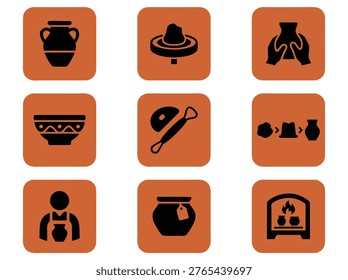 A collection of nine flat icons representing various stages and tools of pottery making including wheels kilns and finished clay vessels.