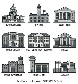 A collection of nine flat line style icons representing various public and government buildings with labels underneath each structure