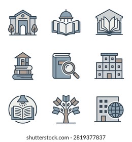A collection of nine flat linear icons representing libraries, education, books, research, and knowledge in a blue and grey color scheme.