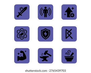 A collection of nine flat purple square icons representing various fantasy role playing game skills and character abilities including combat crafting magic and stats