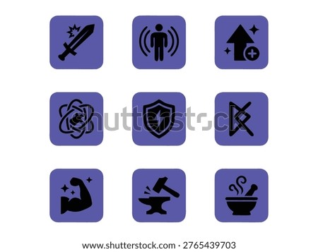 A collection of nine flat purple square icons representing various fantasy role playing game skills and character abilities including combat crafting magic and stats