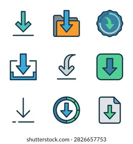 A collection of nine flat style vector icons representing various download actions and file transfer concepts with colorful design elements