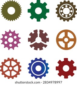A collection of nine flat vector gear and wheel icons rendered in a diverse palette of solid colors, including olive green, dark green, brown, pink, orange, rust red, and a blue gradient. The set features unique mechanical layouts like fine-toothed sprockets, heavy machinery cogwheels, ball bearing rings, spoked steering or valve wheels, and segmented central hubs. 