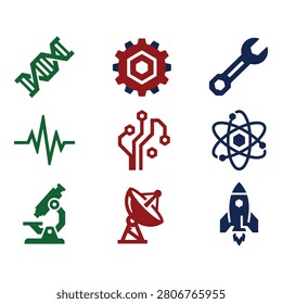 A collection of nine flatdesign vector icons representing science, technology, and warning symbols on a white background.
