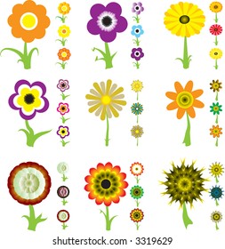 A collection of nine flower designs each with three variations