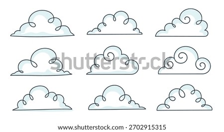 A collection of nine fluffy cartoon clouds with dotted outlines and a hint of blue shading.