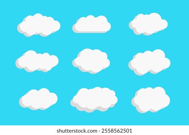 A collection of nine fluffy, cartoon-style white clouds displayed on a bright blue background. The clouds vary slightly in shape, offering a playful and minimalist aesthetic. For design project.