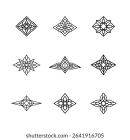 A collection of nine geometric, floral-inspired diamond shaped ornaments in black lines.