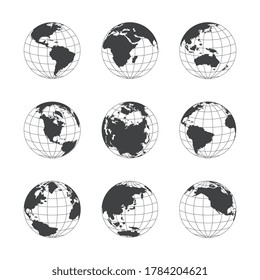 A collection of nine globes depicting a planet with continents and oceans. Graphic black and white set of images of the globe. Vector illustrations isolated on a white background.