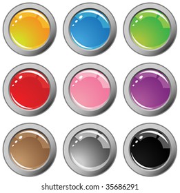 Collection of nine glossy buttons in different colors