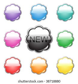 Collection of nine glossy buttons in various colors