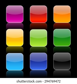 Collection of nine glossy icon buttons with reflection.