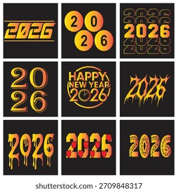 Una colección de nueve Diseños gráficos que presentan el año 2026 en varias Fuentes y arreglos creativos y elegantes, adecuados para las celebraciones del Año Nuevo.