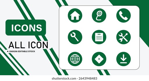 A collection of nine green circle icons with white symbols representing home, email, phone, tools, globe, and download functions.