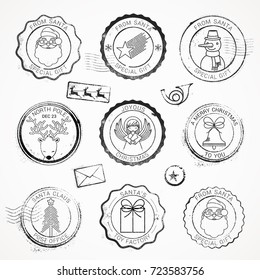 Collection of nine grunge Christmas black and white stamps vector illustrations