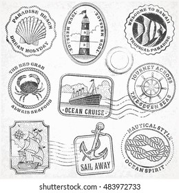 collection of nine grunge vintage vector stamps Illustrations, with sea and sea journey theme.