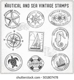 collection of nine grunge vintage vector stamps Illustrations, with sea and sea journey theme. 