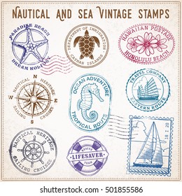 Collection of nine grunge vintage vector stamps Illustrations, with sea and sea journey theme. 