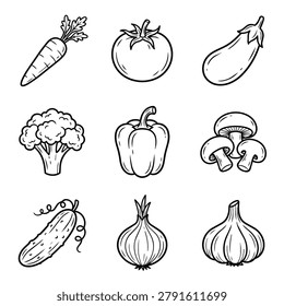 A collection of nine hand drawn vegetable illustrations including carrot tomato eggplant broccoli bell pepper mushrooms cucumber onion and garlic