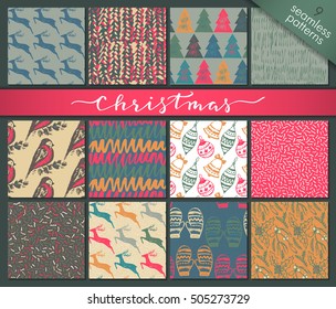 Collection of nine hand drawn winter holidays seamless patterns with Christmas trees, deers, abstract textures, stripes, snowflakes, bells, gift boxes. Set of vector endless backgrounds