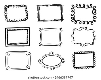 A collection of nine hand-drawn decorative frames in various styles, perfect for enhancing invitations, cards, and artistic projects.