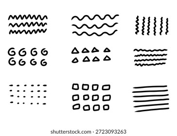 A collection of nine hand-drawn doodle patterns and textures, including waves, spirals, triangles, dots, and lines.