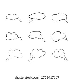 Coleção de nove bolhas de pensamento desenhadas à mão, estilo doodle e bolhas de fala em várias formas irregulares e tamanhos, contornadas em preto sobre um fundo branco.