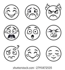 Collection of nine hand-drawn emoji faces expressing a range of emotions like happiness sadness anger fear and confusion