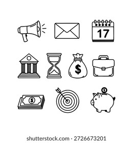 Uma coleção de nove ícones desenhados à mão representando vários conceitos de negócios e finanças. Os ícones incluem um megafone para anúncio ou marketing, um envelope para comunicação ou e-mail, um calendário marcando o 17º dia, um prédio que lembra um banco ou tribunal, uma ampulheta simbolizando o tempo, uma bolsa de dinheiro com um sinal de dólar, uma pasta para negócios, uma pilha de dinheiro, um alvo com uma seta indicando objetivos e um cofrinho para poupar. Esses ícones são apresentados em um estilo simples, preto-e-branco.