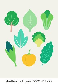 A collection of nine hand-drawn illustrations of various leafy vegetables, fruits, and herbs, perfect for adding a touch of freshness to your designs.  These whimsical graphics are ideal for themes.