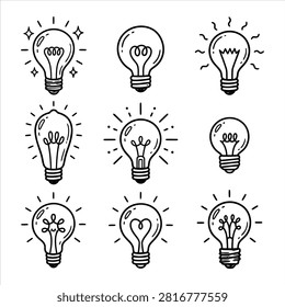 A collection of nine hand-drawn light bulb illustrations showcasing unique creative styles and glowing filament designs, perfect for conceptual 24 themes.