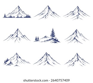 Collection of nine hand-drawn mountain illustrations, showcasing various peaks and tree silhouettes.