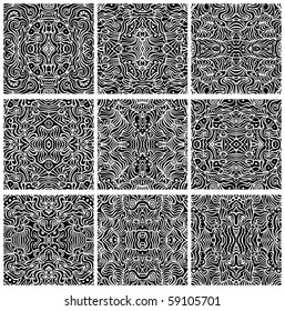 A collection of nine, hand-drawn, seamless abstract backgrounds or patterns in vector format.