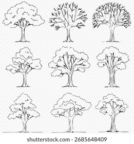 A collection of nine hand-drawn trees with varying foliage and branch structures.