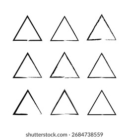 A collection of nine hand-drawn triangle shapes arranged in a grid. These simple geometric forms offer a textured and organic aesthetic for various design projects.